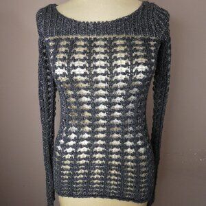 Duffy Women's XS Metallic Wool Cashmere Blend Sweater Open Knit Boat Neck Grey